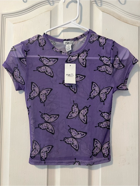 Rue21 Tops - VTG Y2K Purple Butterfly Print Sheer Mesh Crop Top Baby Tee XS Festival Fairy